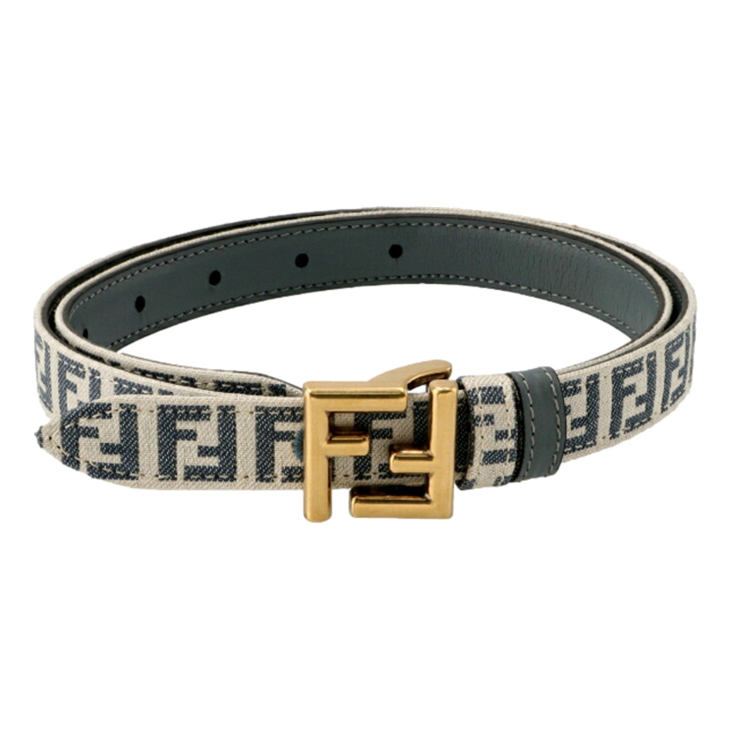Fendi FF Denim Blue and White Canvas Leather Reversible Belt Gold Tone Buckle 95