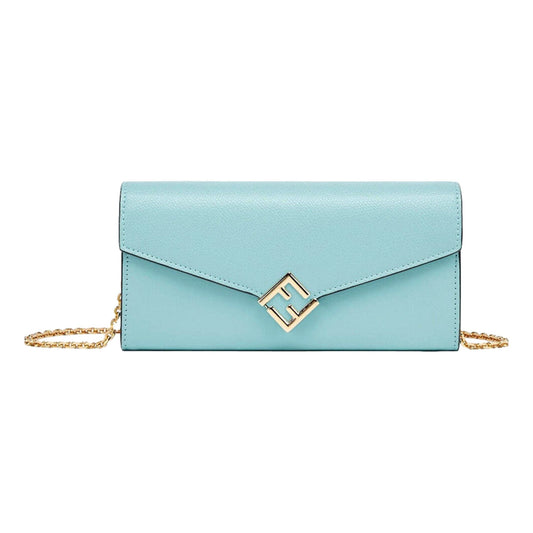 Fendi FF Diamonds Light Blue Calfskin Leather Continental Wallet on Chain Gold Hardware