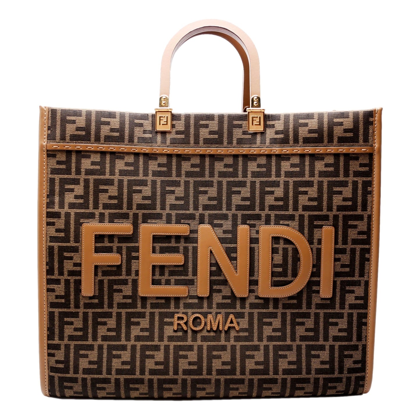 Fendi Sunshine Large Zucca Jacquard Canvas and Brown Leather Top Handle Tote Bag