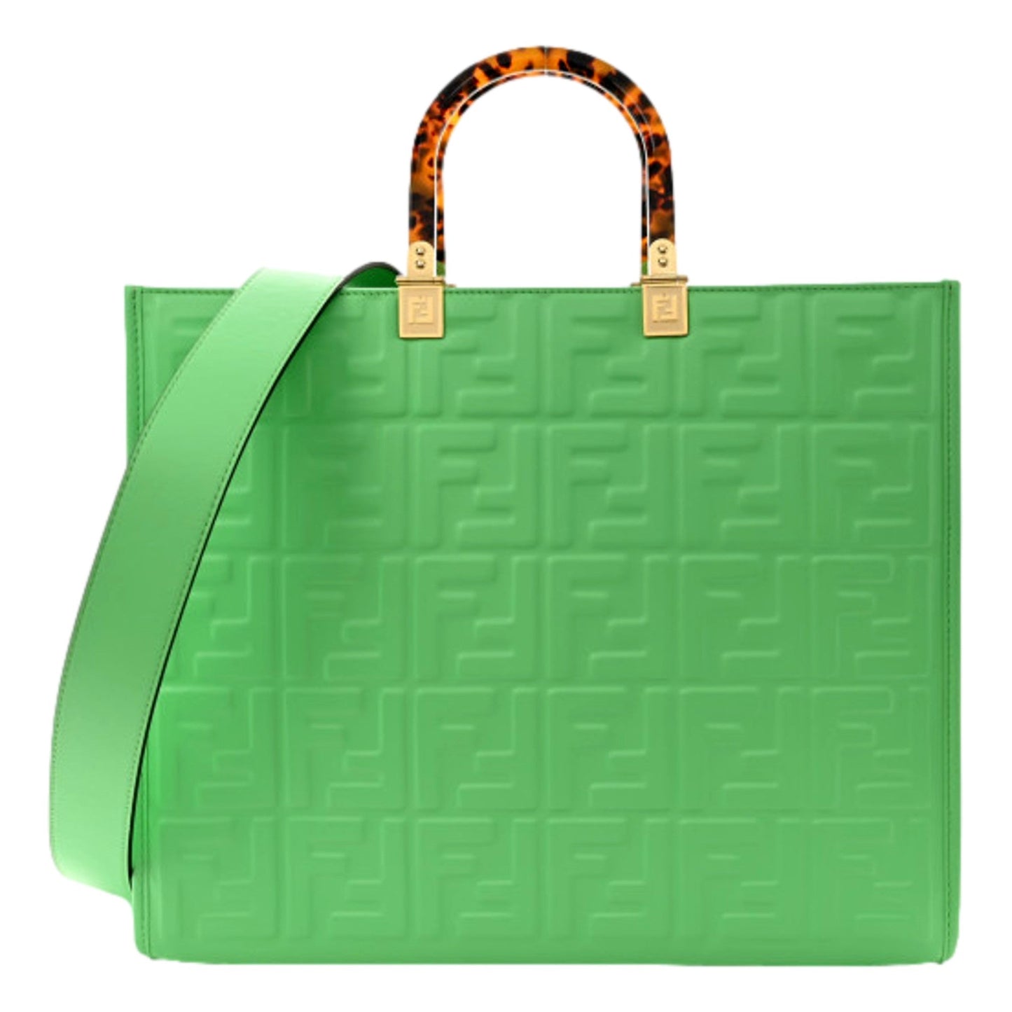 Fendi Sunshine Medium FF Embossed Leather Tote Edamame Green