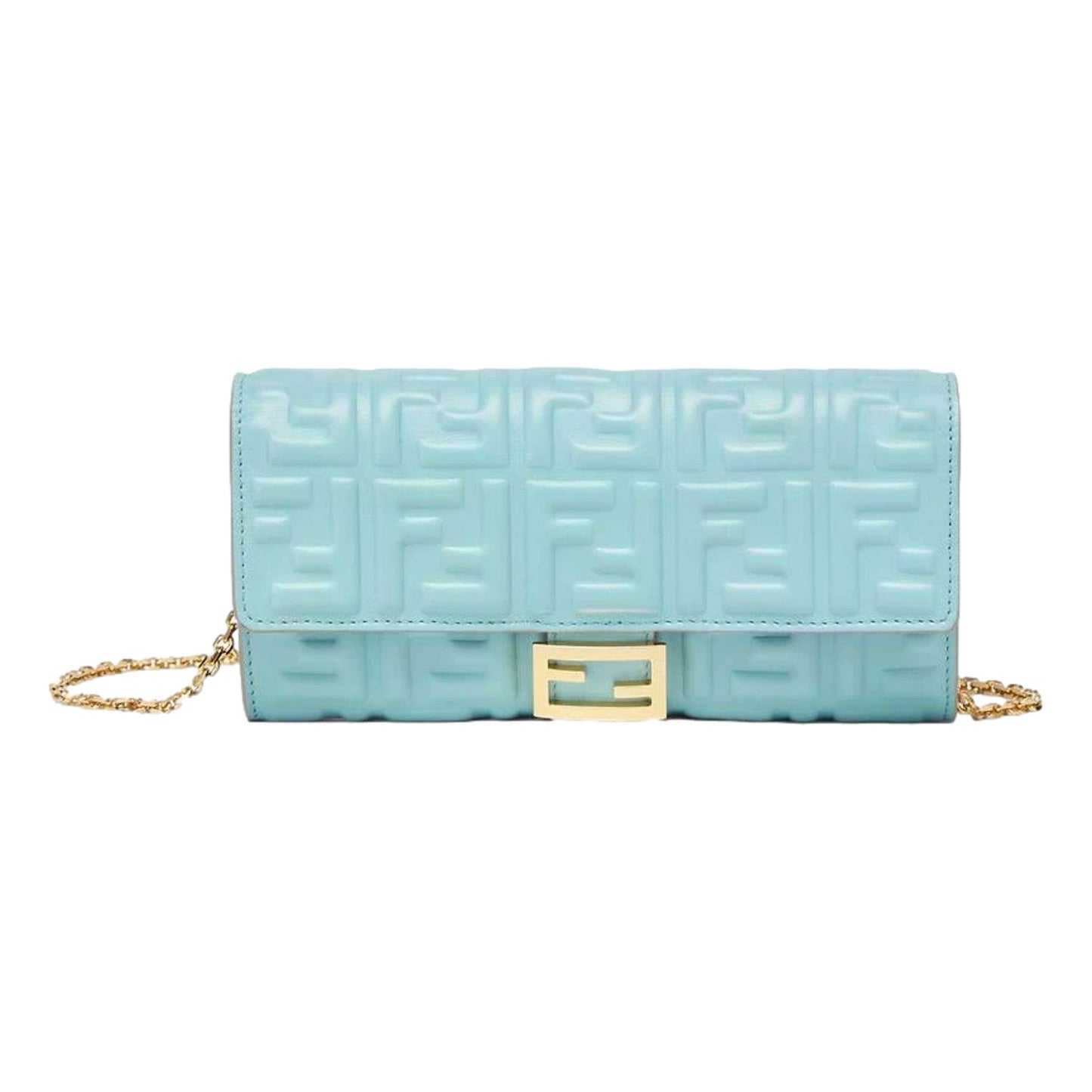Fendi Baguette FF Embossed Lambskin Wallet on a Chain Crossbody in Light Blue