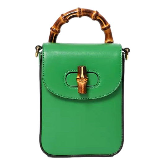 Gucci Bamboo Mini Green Leather Top Handle Convertible Crossbody Bag