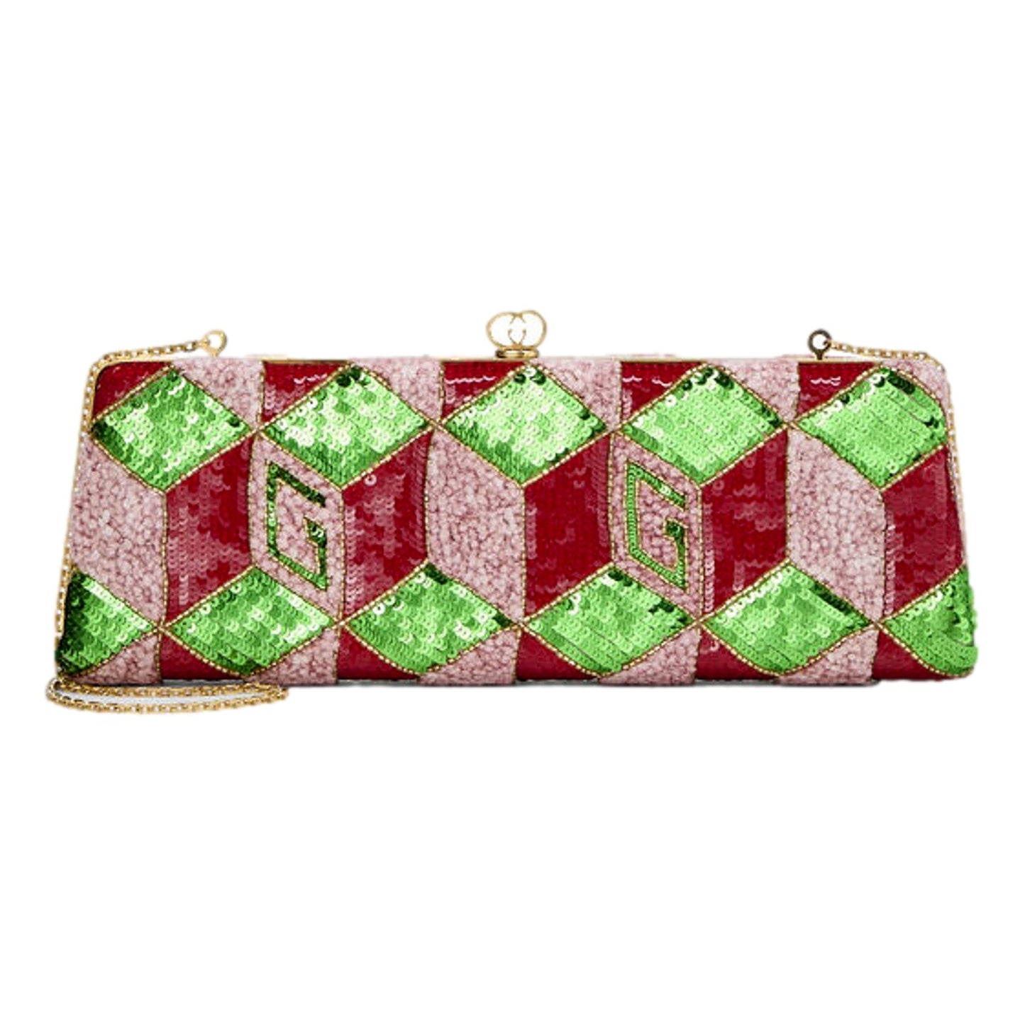 Gucci Broadway Sequin Crystal Embellished Chain Clutch Shoulder Bag Red Green Pink