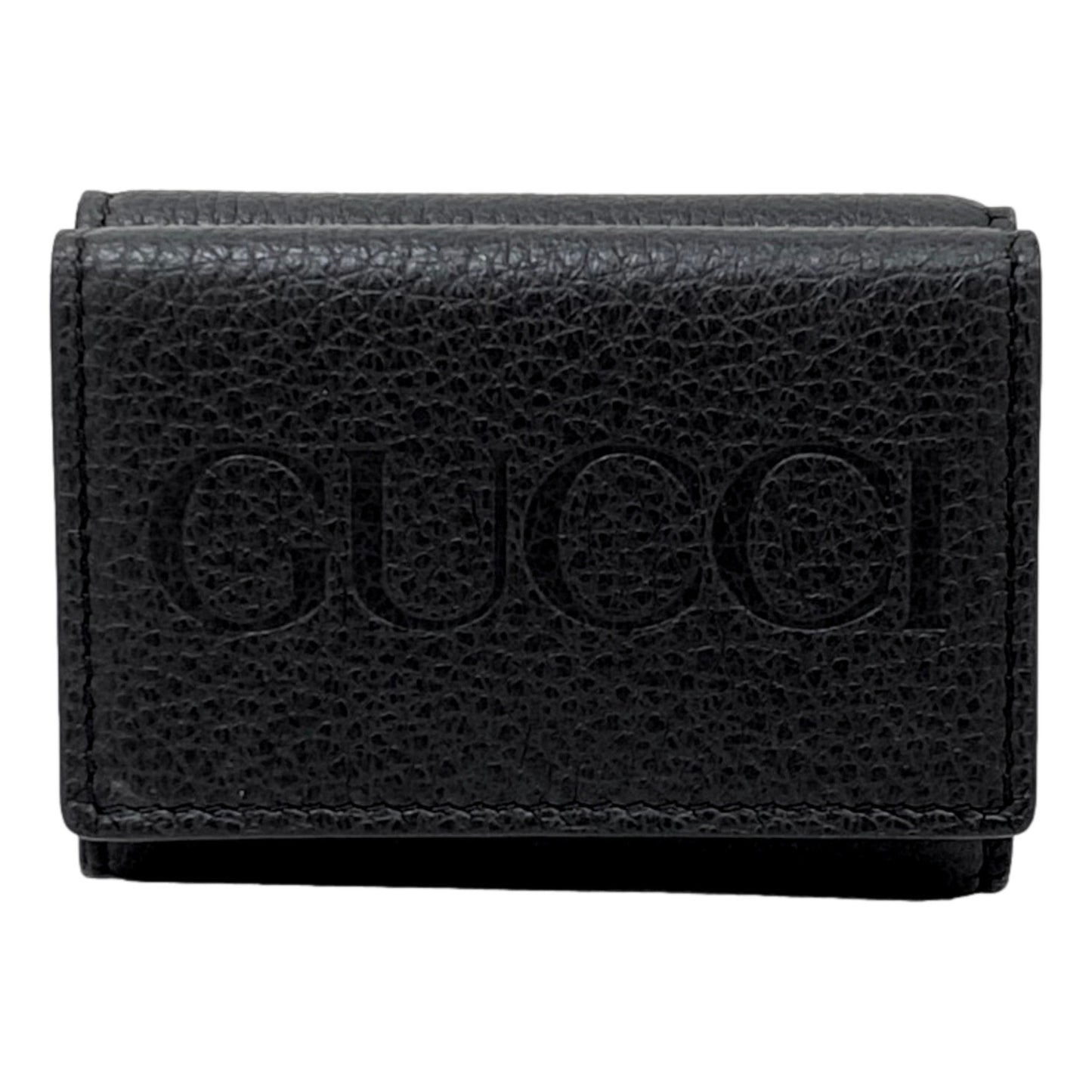Gucci Black Pebbled Leather Tri Fold Wallet Coin Pouch Gold Hardware
