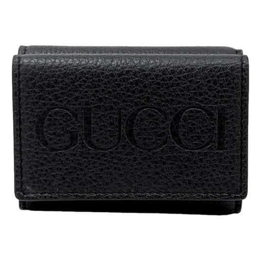 Gucci Black Pebbled Leather Tri Fold Wallet Coin Pouch Gold Hardware