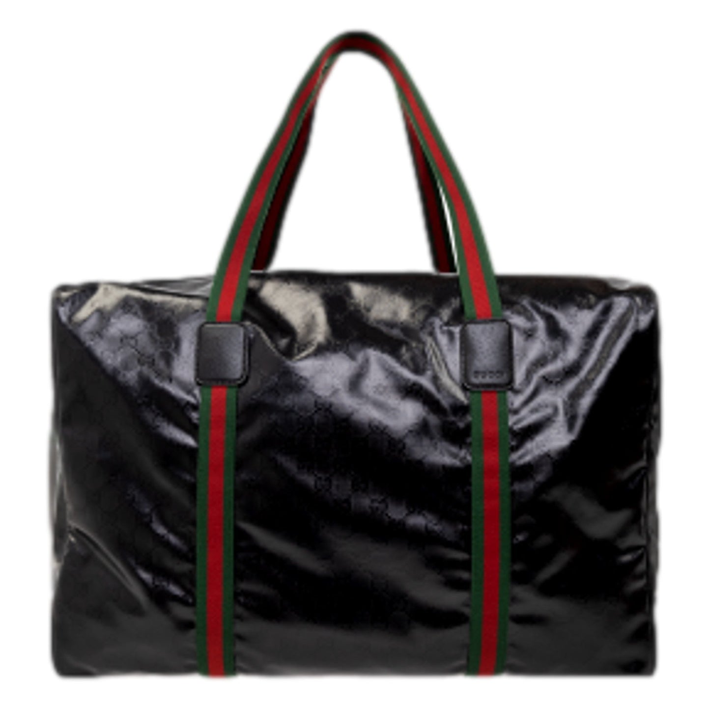Gucci Duffle Maxi GG Black Glossy Fabric Duffel Bag Leather Trim