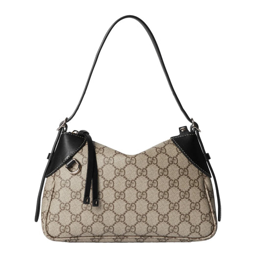 Gucci GG Emblem Supreme Canvas Leather Shoulder Bag Black Beige