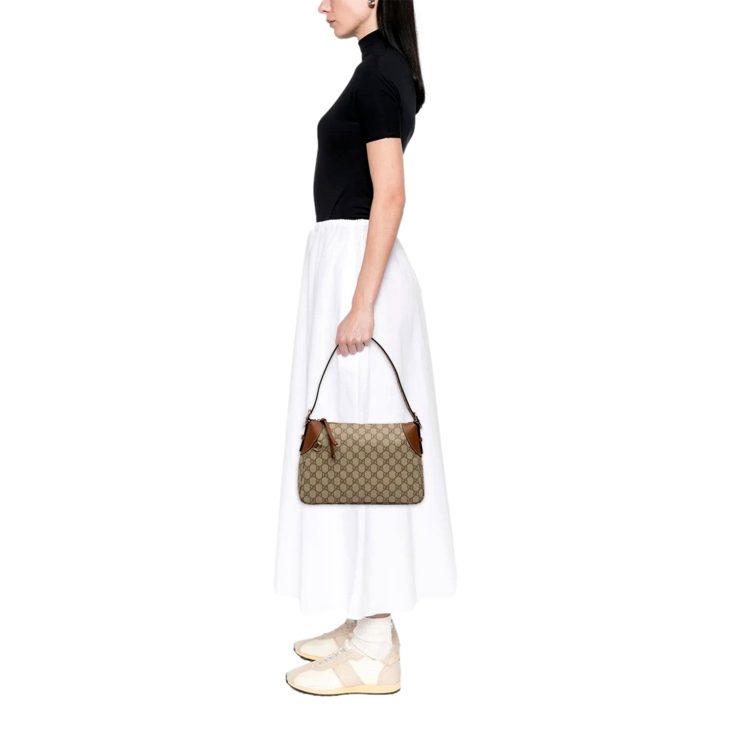 Gucci GG Emblem Supreme Canvas Medium Leather Shoulder Bag Brown Beige