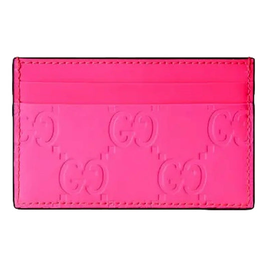Gucci GG Leather Rubber Effect Neon Pink Card Holder Wallet