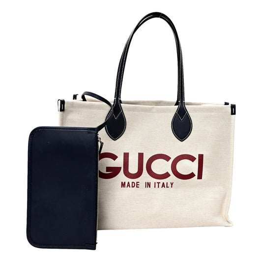 Gucci Supreme Canvas Beige Calfskin Logo Print Large Tote Bag Navy Multicolor