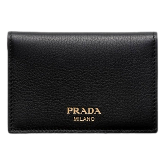 Prada Black Soft Grain Leather Gold Embossed Logo Folding Card Holder Wallet