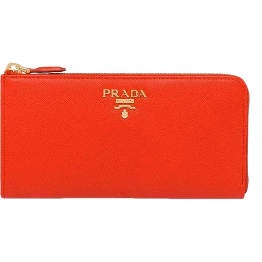 Prada Saffiano Long Continental Zip Wallet Orange Leather Gold Logo