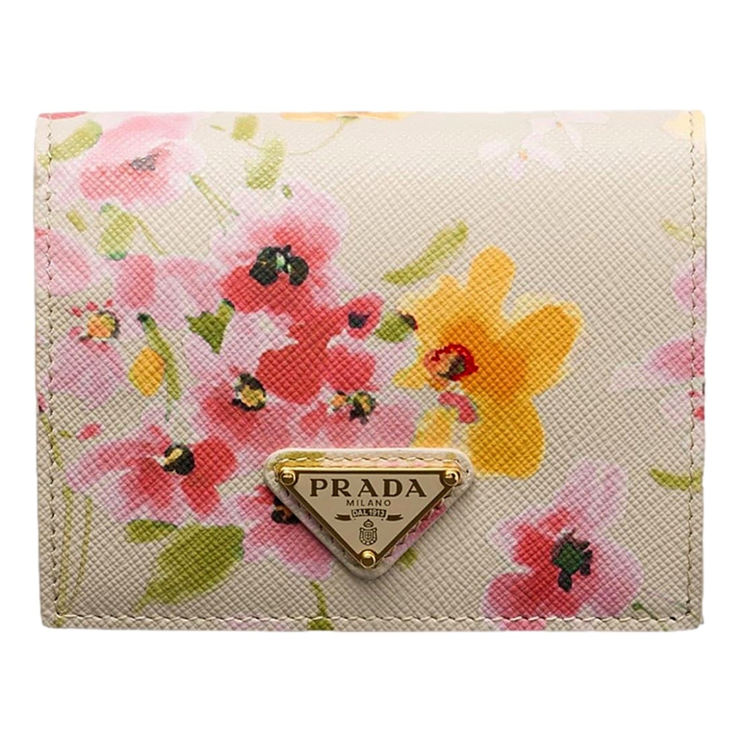 Prada Saffiano Leather Floral Bifold Wallet In Neutral