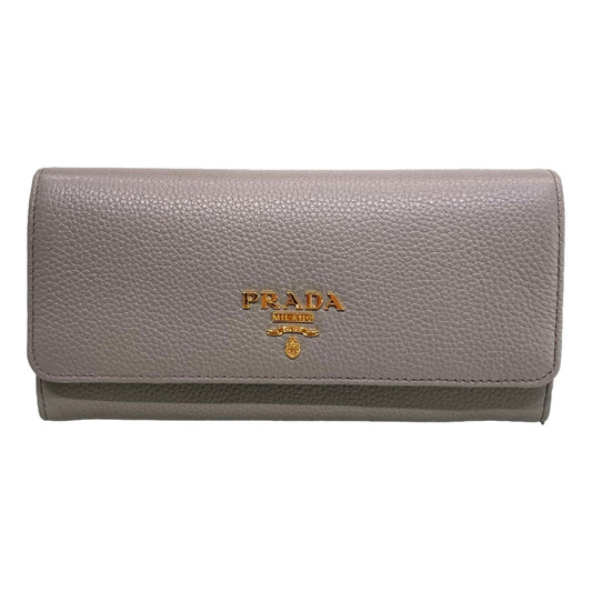 Prada Vitello Grain Argilla Grey Leather Continental Long Wallet Zipper Pouch
