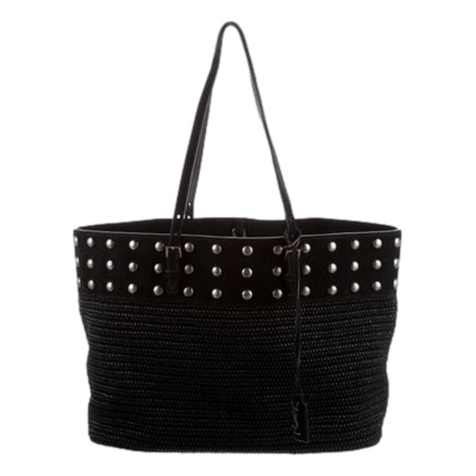 Saint Laurent Bouclé Studded Raffia & Suede Shopping Tote Black