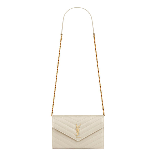 Saint Laurent Cassandre Envelope Chain Wallet Crossbody Bag in Crema White