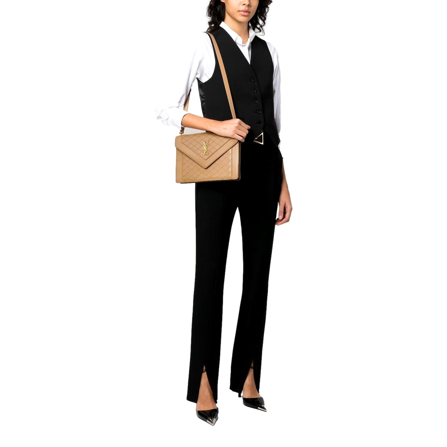 Saint Laurent Gabby Monogram Quilted Lambskin Leather Light Brown Shoulder Bag