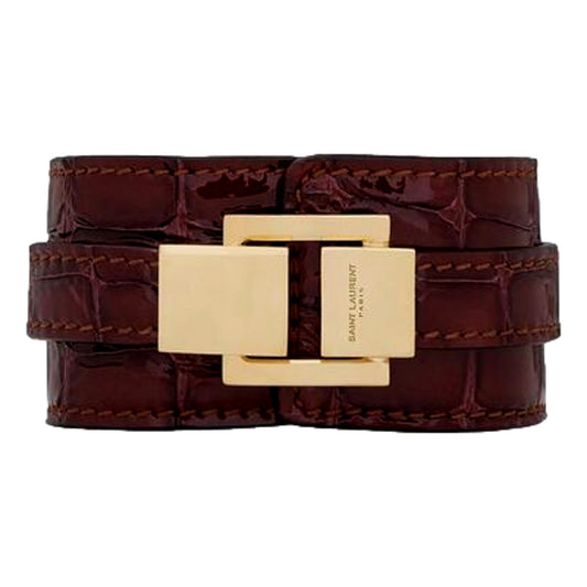 Saint Laurent Le Carre Red Croc-Embossed Leather Double Wrap Bracelet Gold YSL Medium