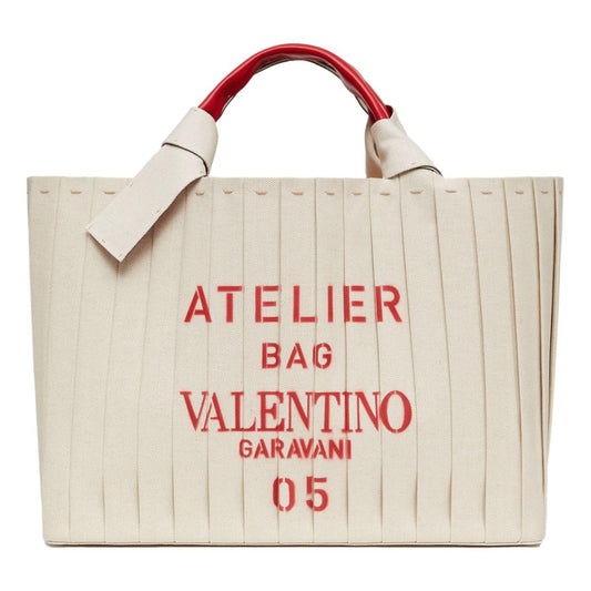 Valentino Garavani 05 Plissé Edition Sac Atelier Large Canvas Tote Bag Beige Red Trim