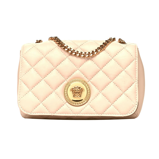 Versace La Medusa Nappa Quilted Beige Leather Small Crossbody Bag Gold Chain