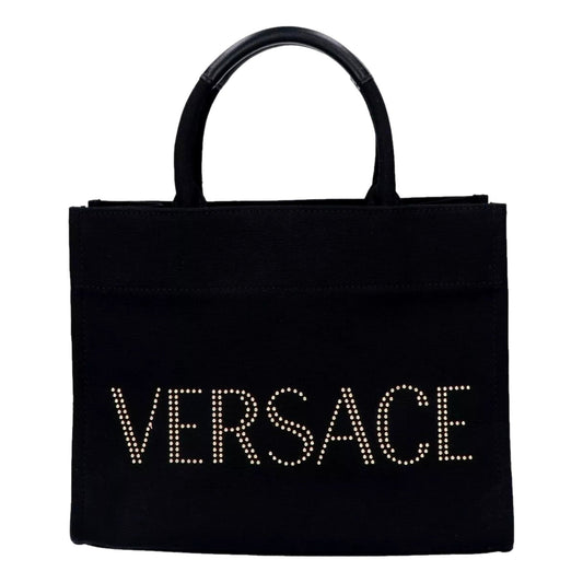 Versace Mini Tote Bag Nero Black Canvas Studded Logo Crossbody