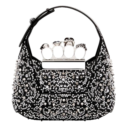 Alexander McQueen Crystal Jewelled Hobo Bag Black Skull Knuckle Handle