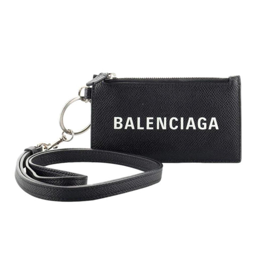 Balenciaga Cash Logo Neck Lanyard Card Holder Wallet Black Leather
