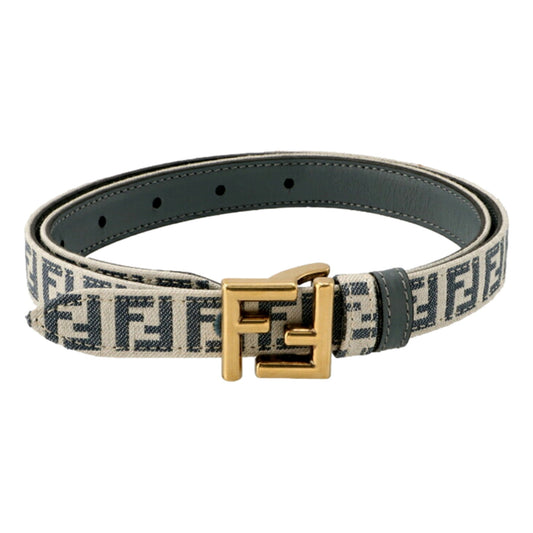 Fendi FF Denim Blue and White Canvas Leather Reversible Belt Gold Tone Buckle 95