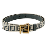 Fendi FF Denim Blue and White Canvas Leather Reversible Belt Gold Tone Buckle 95