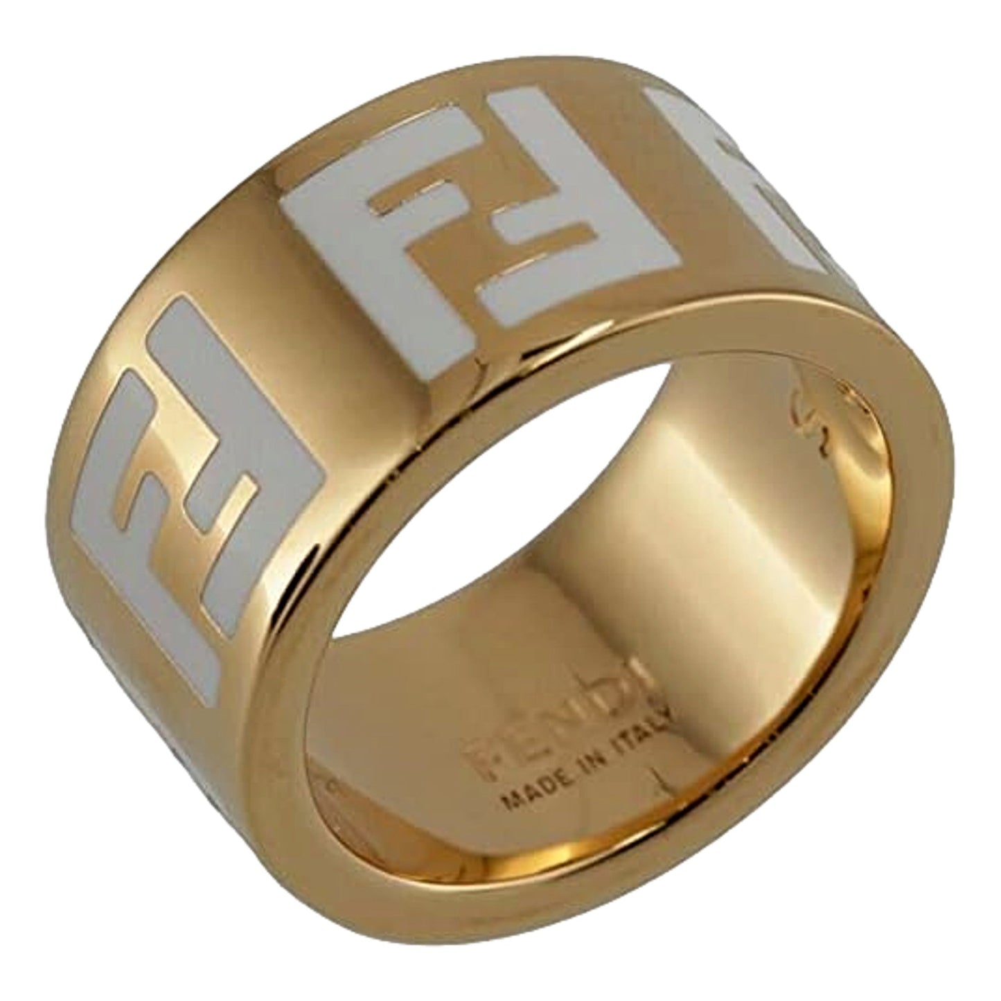 Fendi FF Forever Gold Tone Metal Ring White Enamel Logo Medium