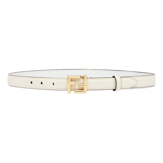 Fendi FF Logo Gold Tone Buckle White Leather Skinny Belt 80