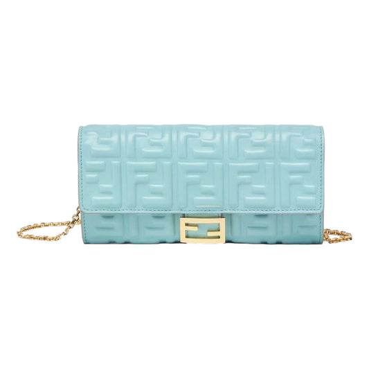 Fendi Baguette FF Embossed Lambskin Wallet on a Chain Crossbody in Light Blue