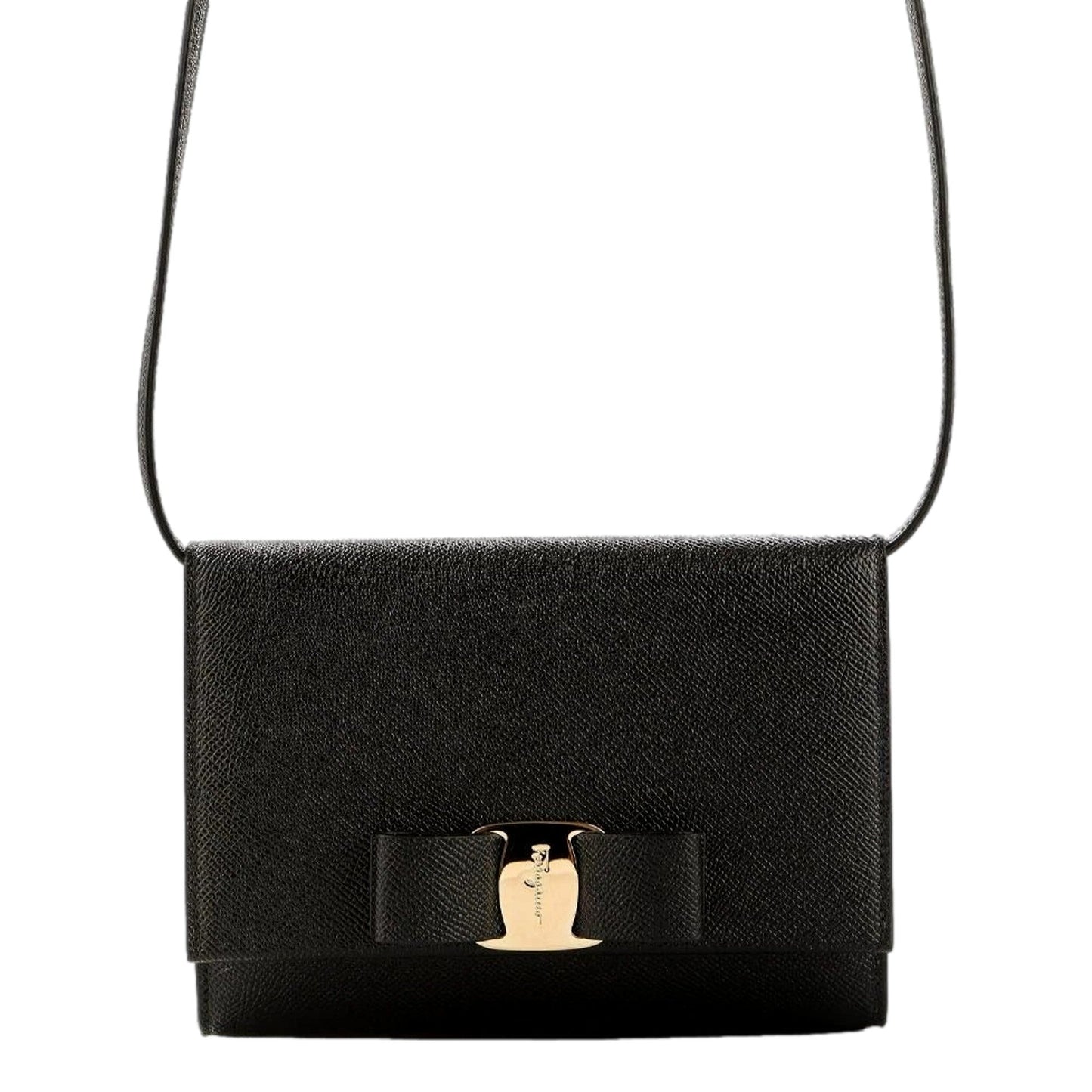Ferragamo Ginny Black Vitello Grain Leather Crossbody Bow Handbag