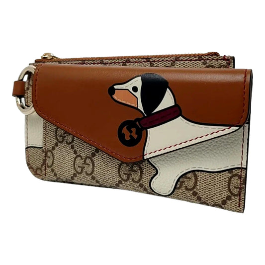 Gucci Dachshund GG Supreme Canvas Leather Brown Double Wallet Lanyard