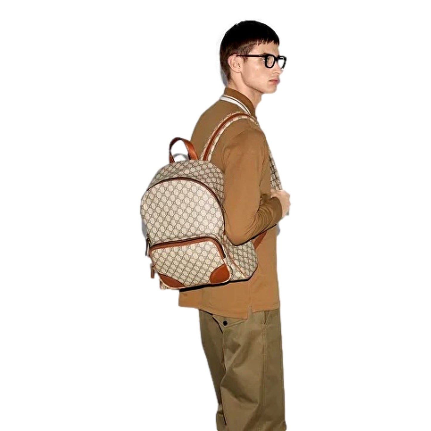 Gucci GG Supreme Canvas Leather Trim Brown Medium Backpack