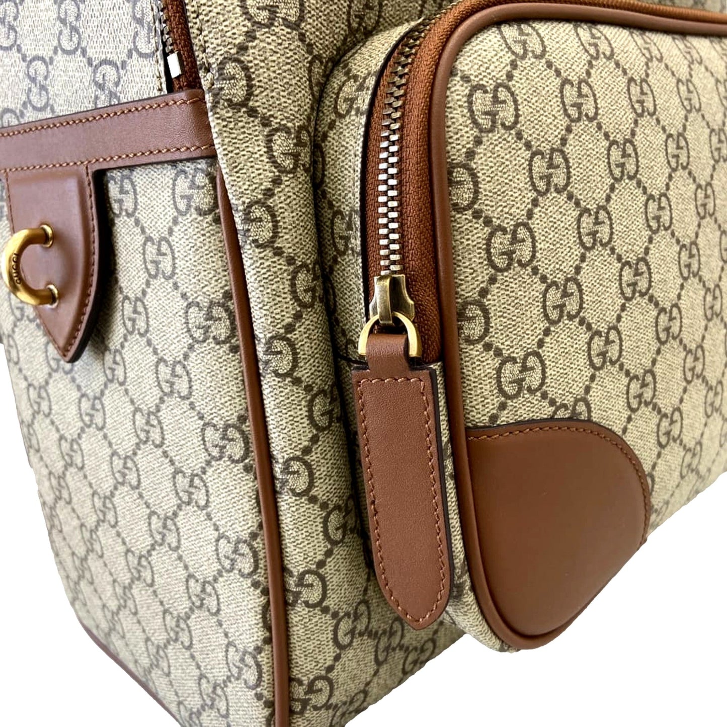 Gucci GG Supreme Canvas Leather Trim Brown Medium Backpack