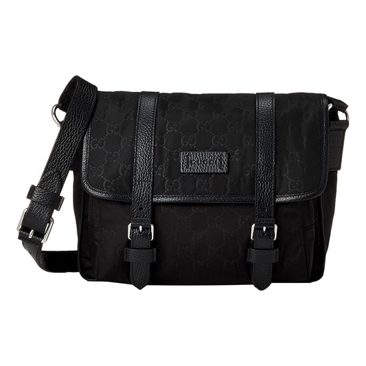 Gucci GG Monogram Nylon Leather Messenger Bag Black Double Buckle Flap