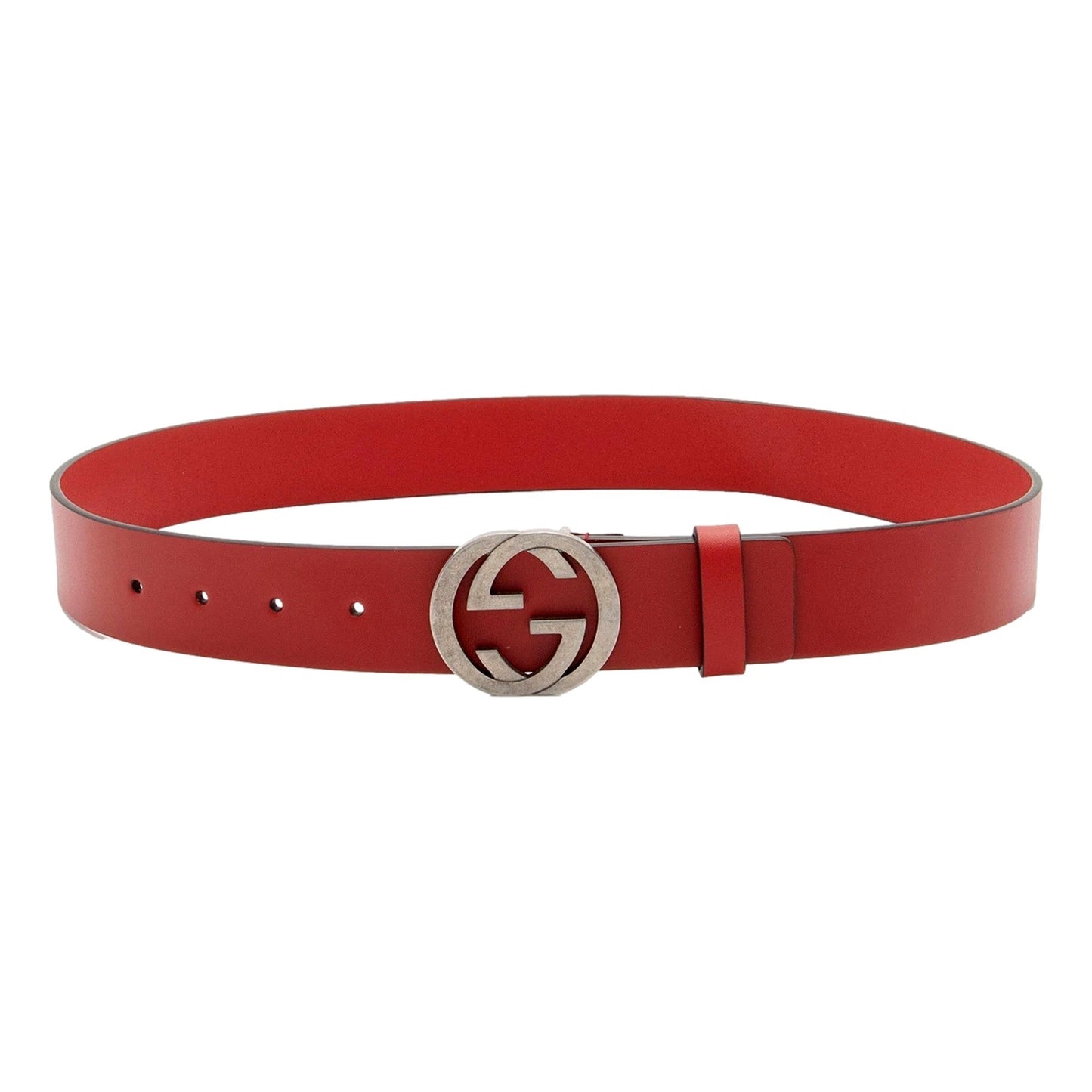 Gucci Interlocking Leather GG Buckle Antiqued Silver Tone Belt Rosso Red 95/38