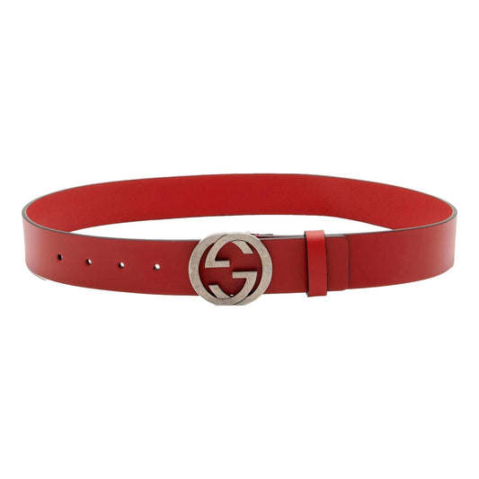 Gucci Interlocking Leather GG Buckle Antiqued Silver Tone Belt Rosso Red 95/38
