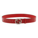 Gucci Interlocking Leather GG Buckle Antiqued Silver Tone Belt Rosso Red 85/34
