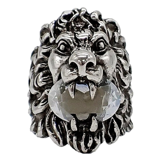Gucci Lion Head Motif Silver Ring Crystal Size 13