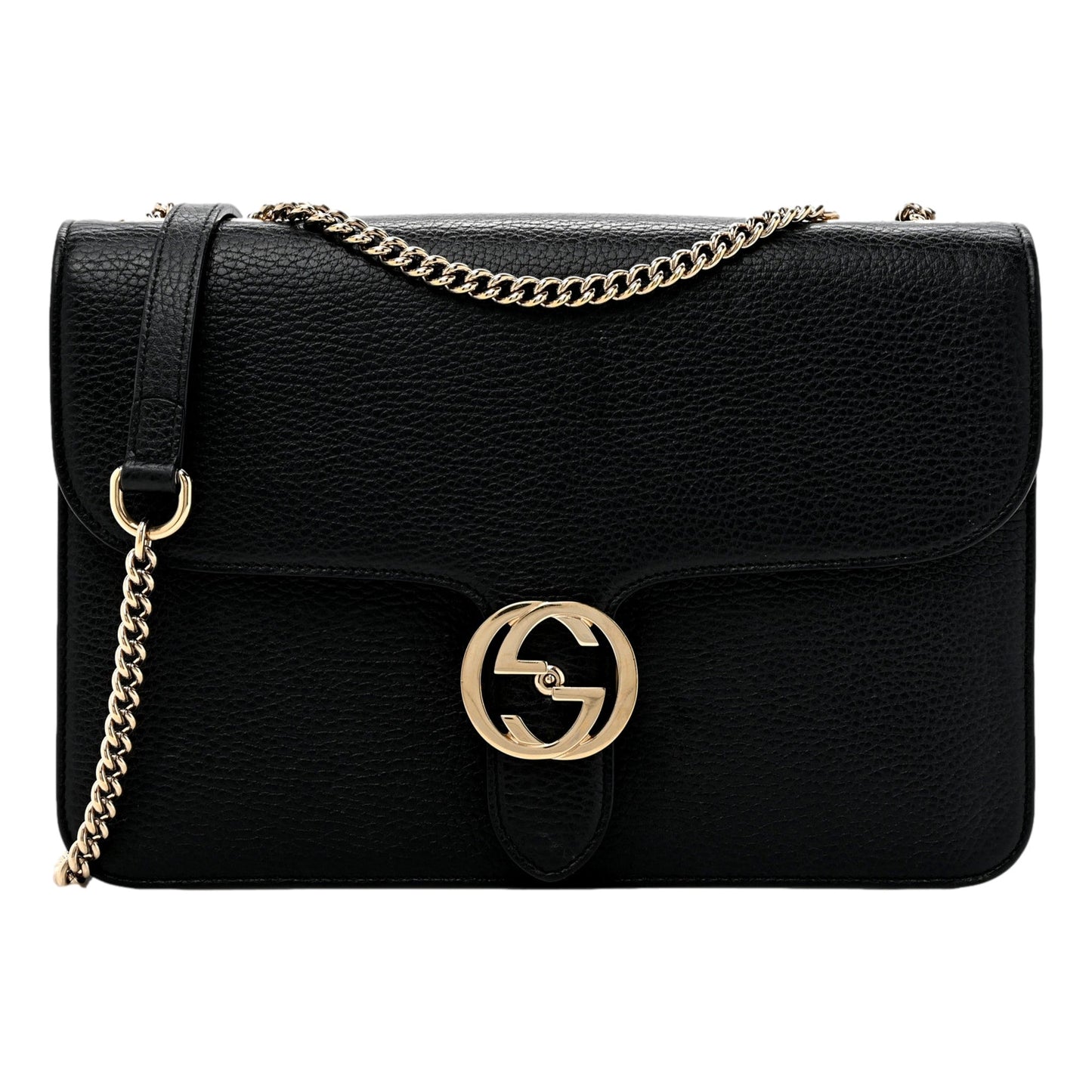 Gucci GG Marmont Black Pebbled Leather Crossbody Bag Gold Chain Strap Interlocking GG