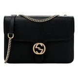 Gucci GG Marmont Black Pebbled Leather Crossbody Bag Gold Chain Strap Interlocking GG