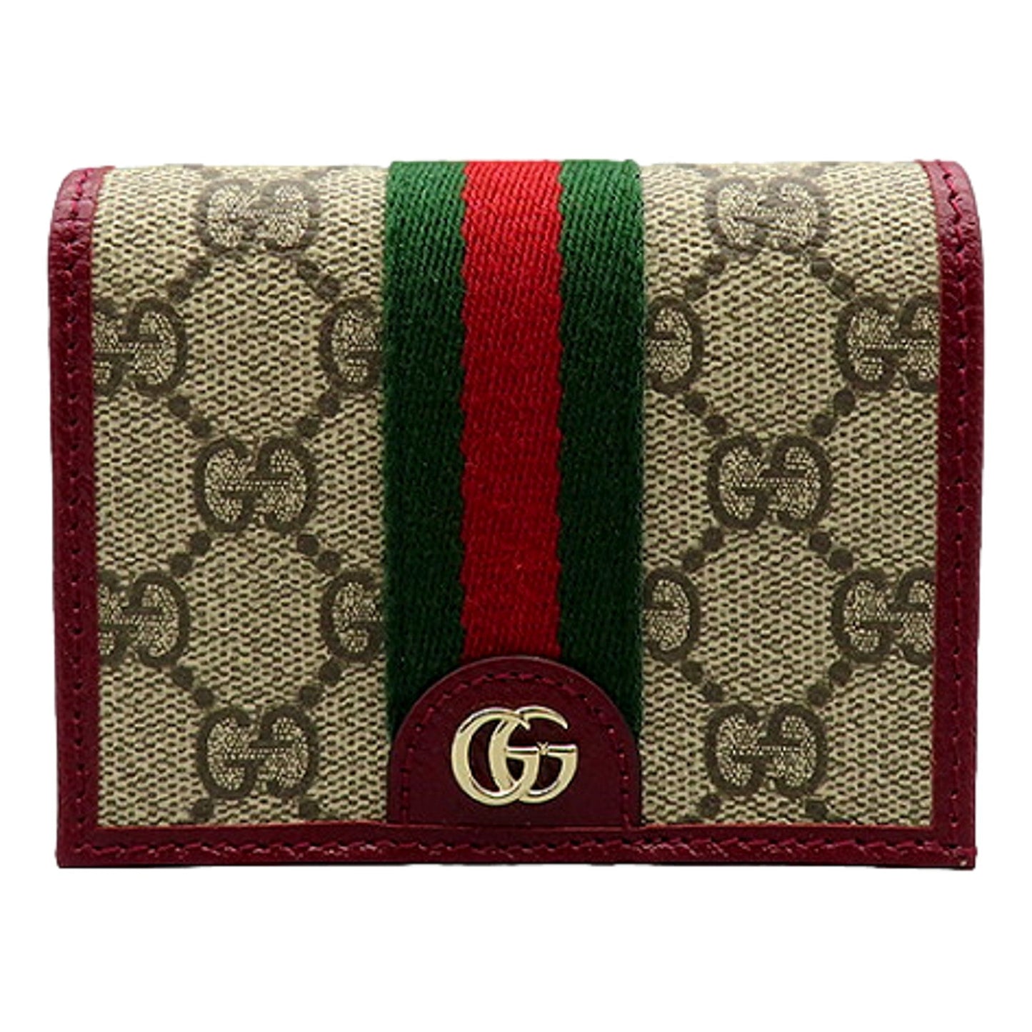 Gucci Ophidia Canvas Webstripe Burgundy Leather Bifold Snap Wallet