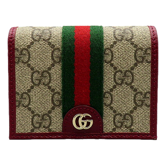 Gucci Ophidia Canvas Webstripe Burgundy Leather Bifold Snap Wallet