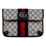 Gucci Ophidia Flap Belt Bag GG Beige Coated Canvas Navy and Red