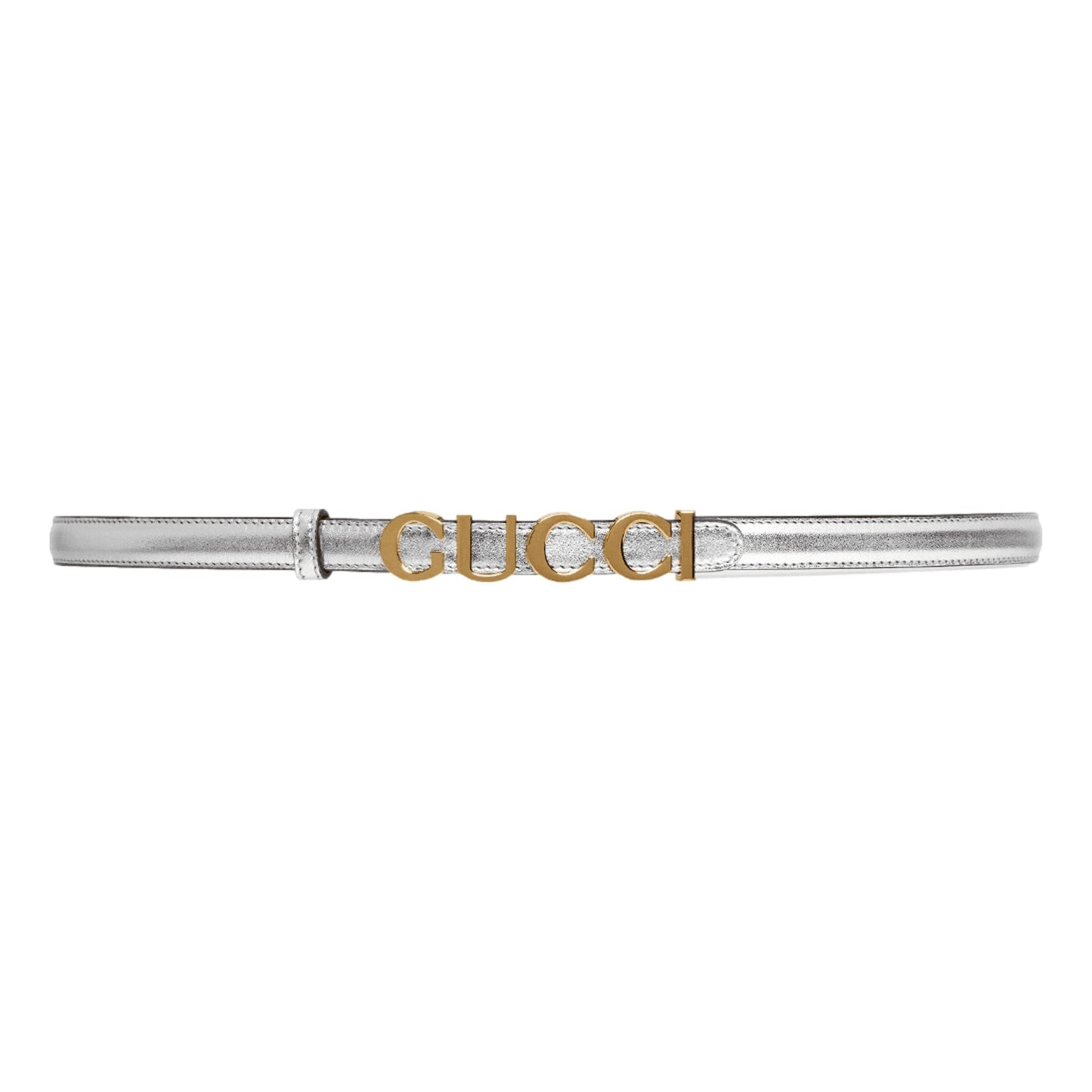 Gucci Silver Leather Belt with Metal Gold Logo Lettering Size 75