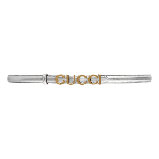 Gucci Silver Leather Belt with Metal Gold Logo Lettering Size 70