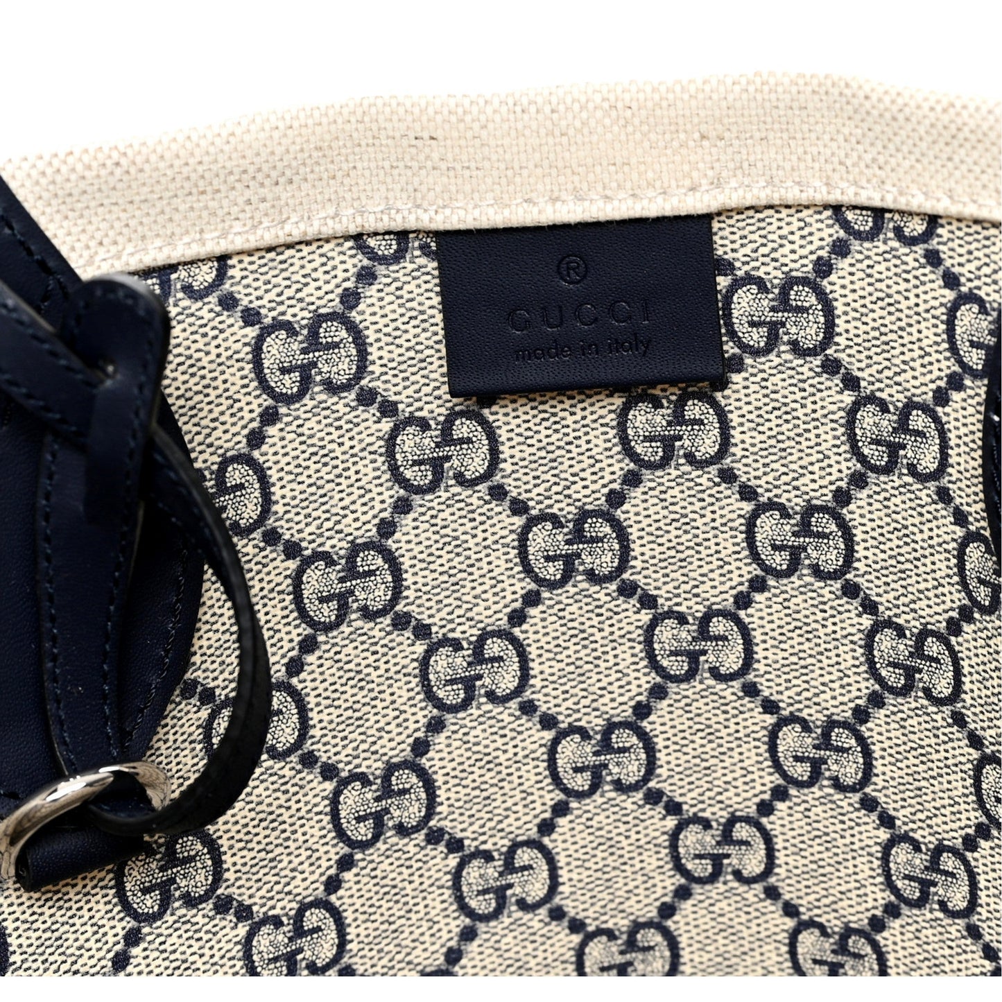 Gucci Supreme Canvas Beige Calfskin Logo Print Large Tote Bag Navy Multicolor