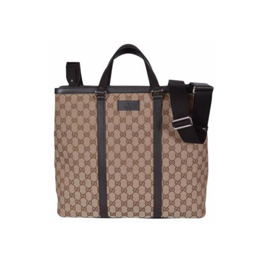 Gucci Original GG Canvas Shopping Tote Bag Beige Brown Leather Trim Crossbody